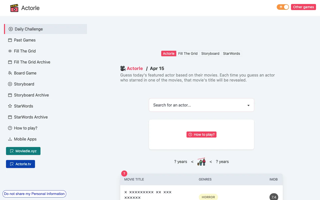 Screenshot of Actorle — a game like Wordle
