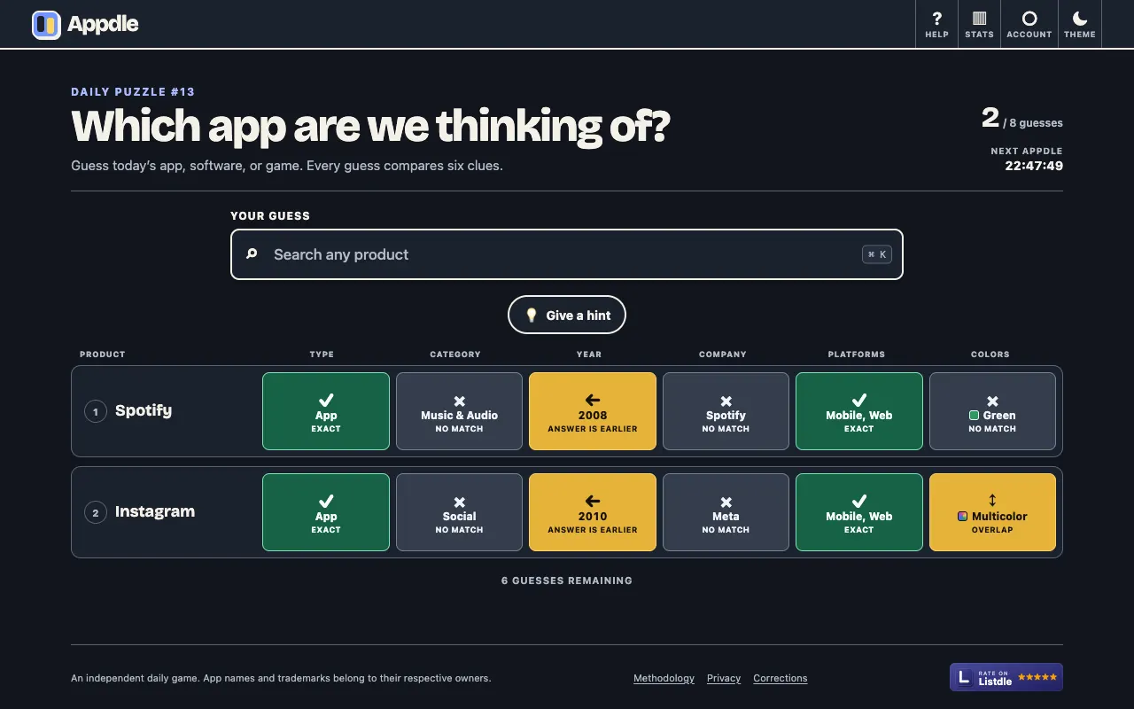 Screenshot of Appdle — a game like Wordle