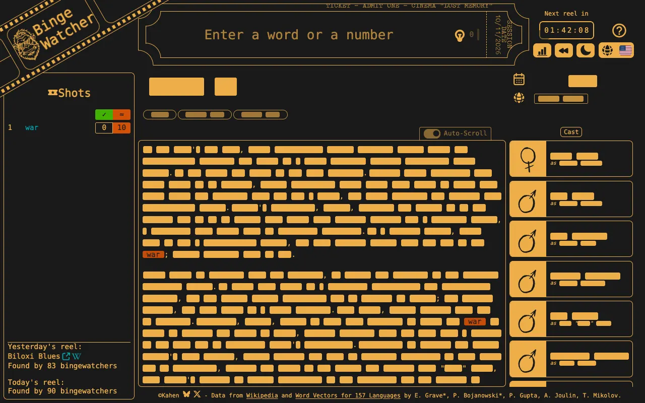 Screenshot of BingeWatcher — a game like Wordle