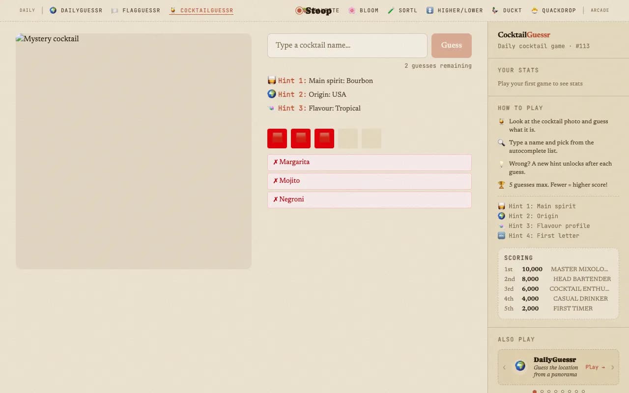 Screenshot of CocktailGuessr — a game like Wordle