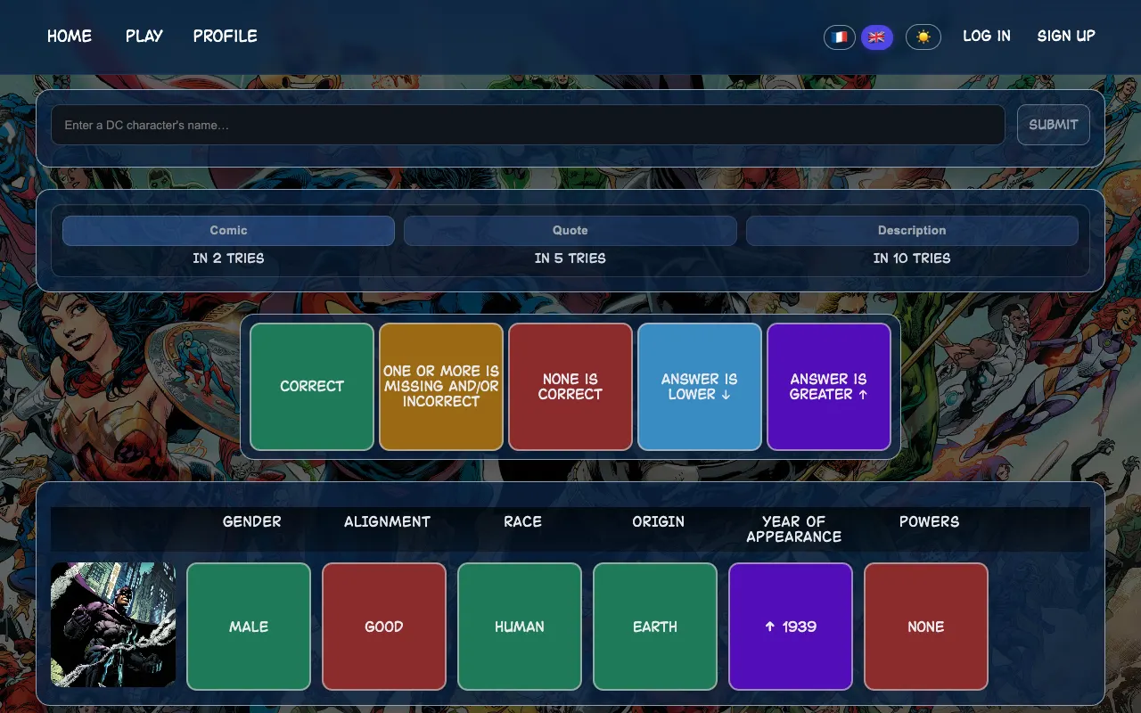 Screenshot of DCdle — a game like Wordle