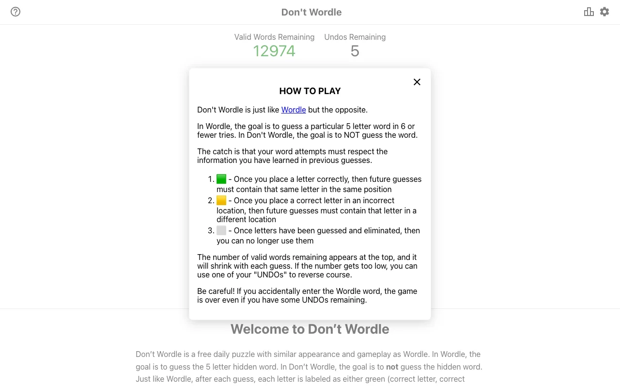 Screenshot of Don't Wordle — a game like Wordle