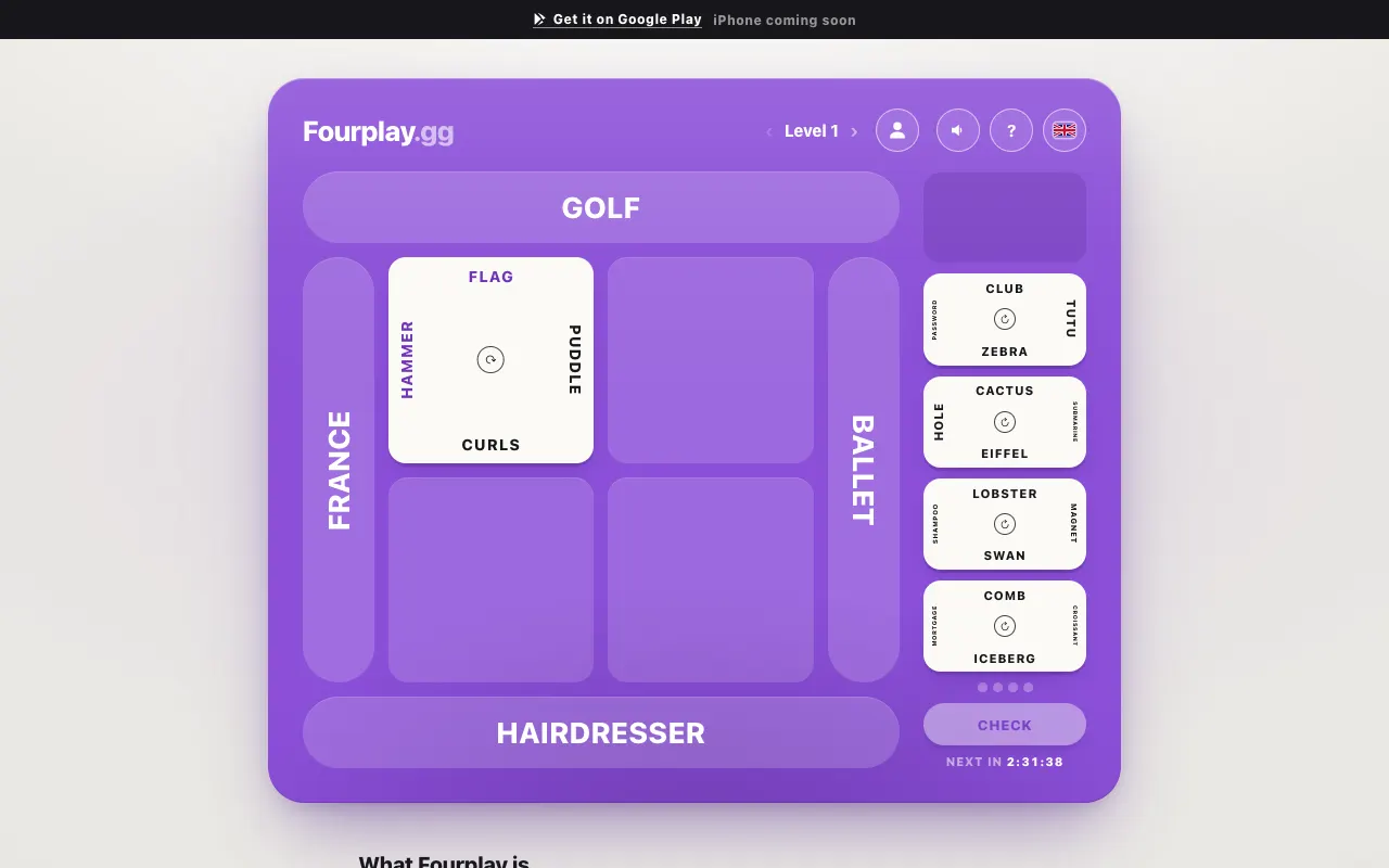 Screenshot of Fourplay — a game like Wordle