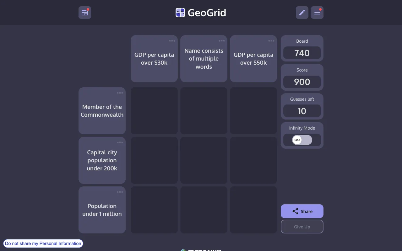 Screenshot of GeoGrid — a game like Wordle
