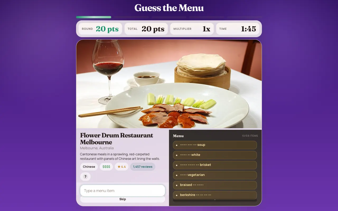 Screenshot of Guess The Menu — a game like Wordle