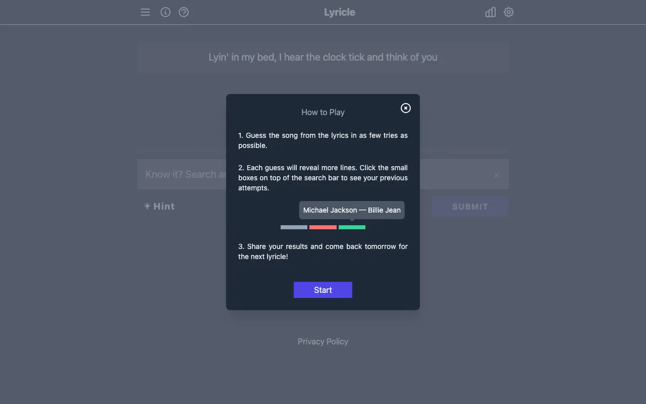 Screenshot of Lyricle — a game like Wordle