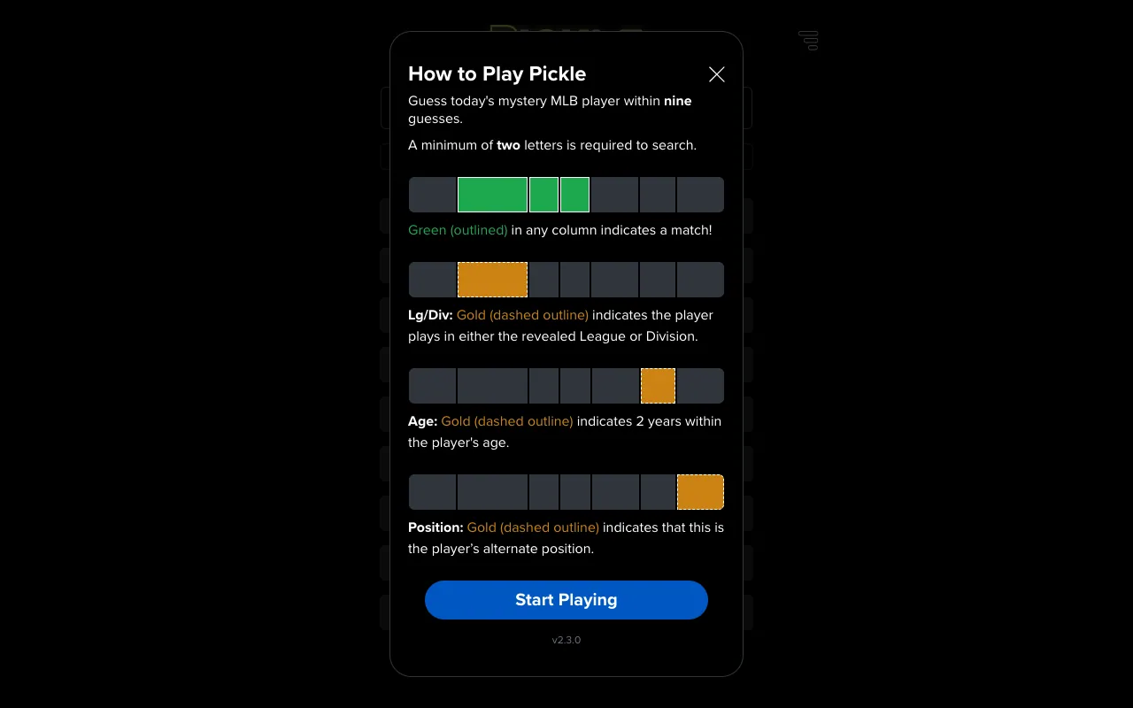 Screenshot of MLB Pickle — a game like Wordle