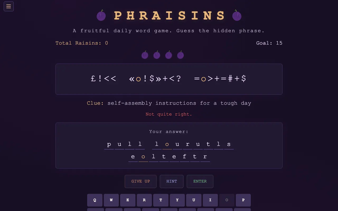 Screenshot of Phraisins — a game like Wordle