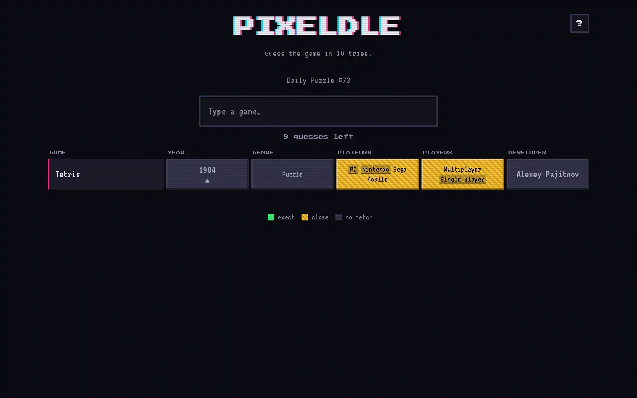Screenshot of Pixeldle — a game like Wordle