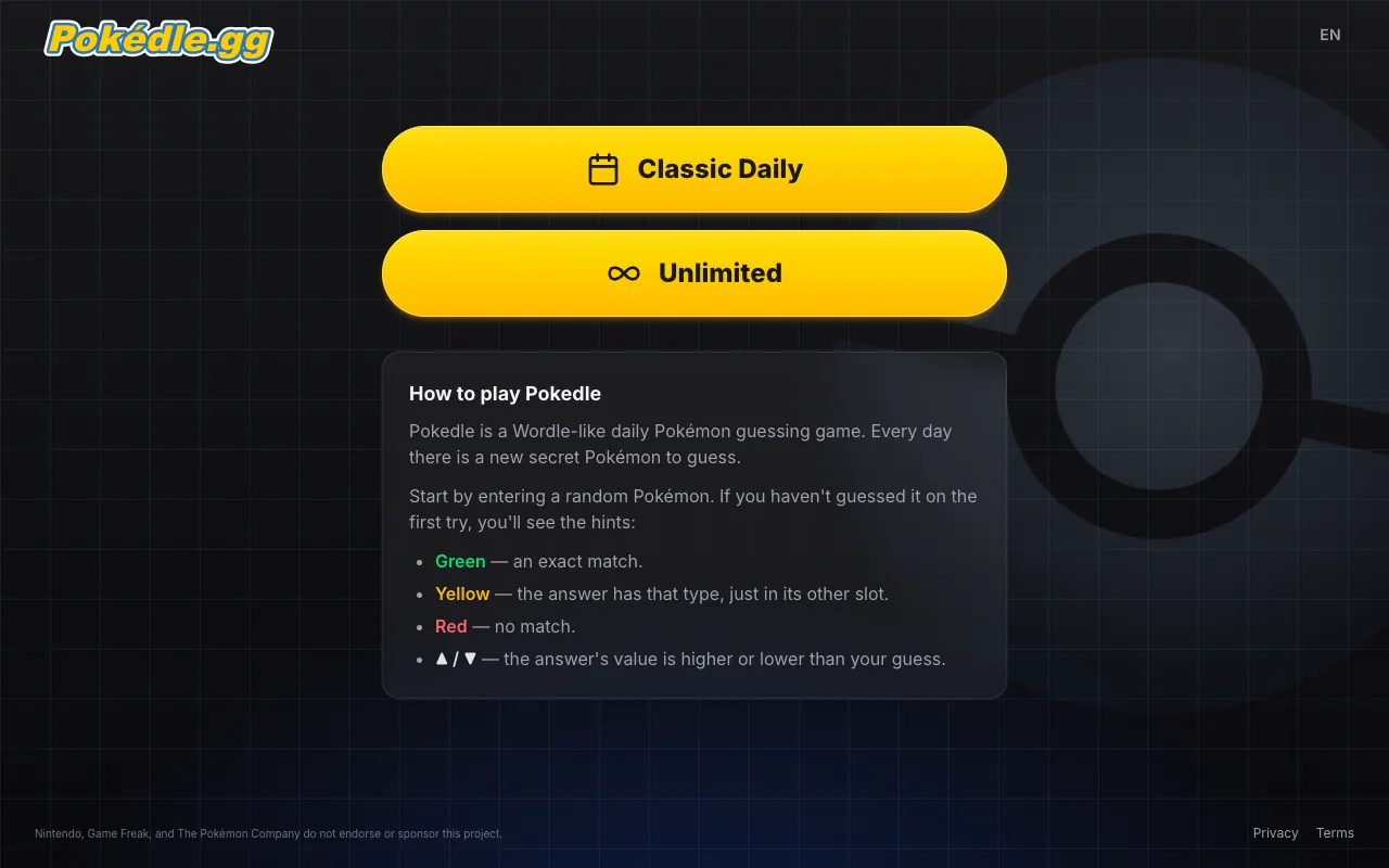 Screenshot of Pokedle — a game like Wordle