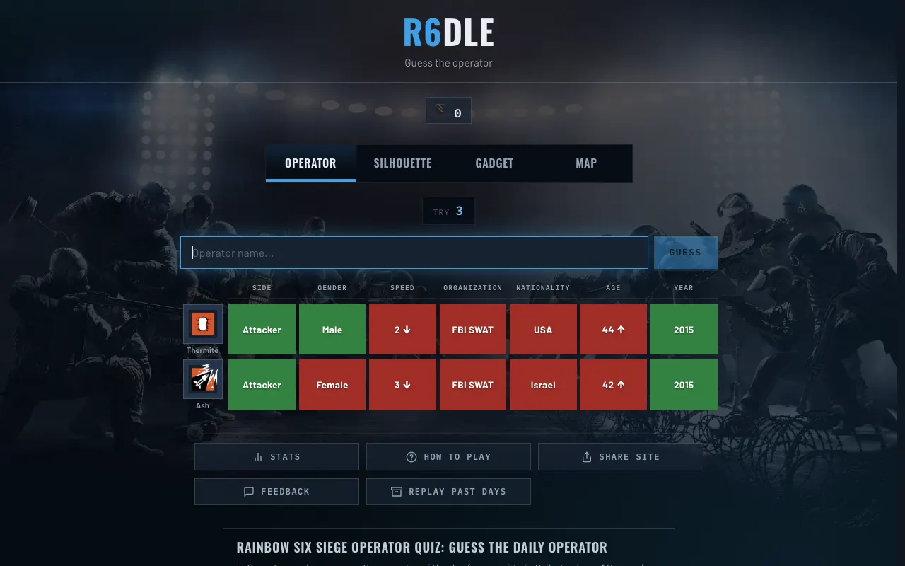 Screenshot of R6DLE — a game like Wordle