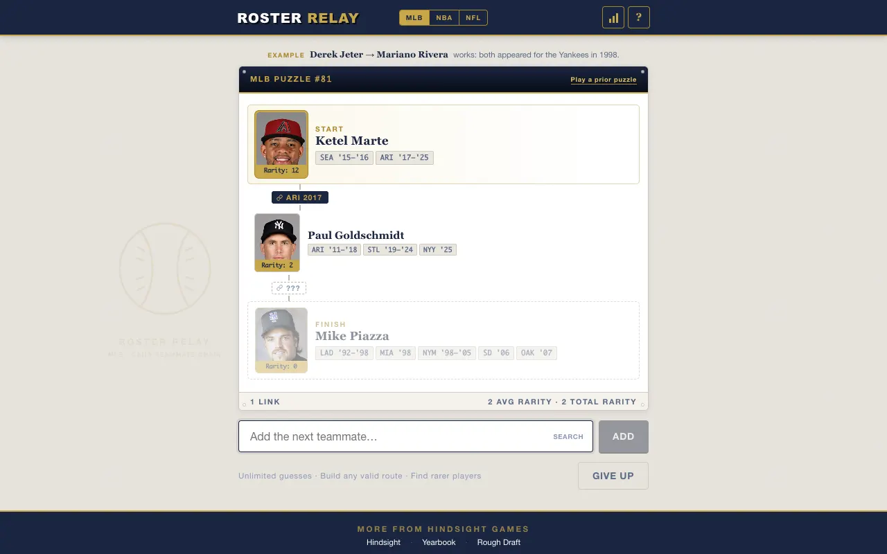 Screenshot of Roster Relay — a game like Wordle