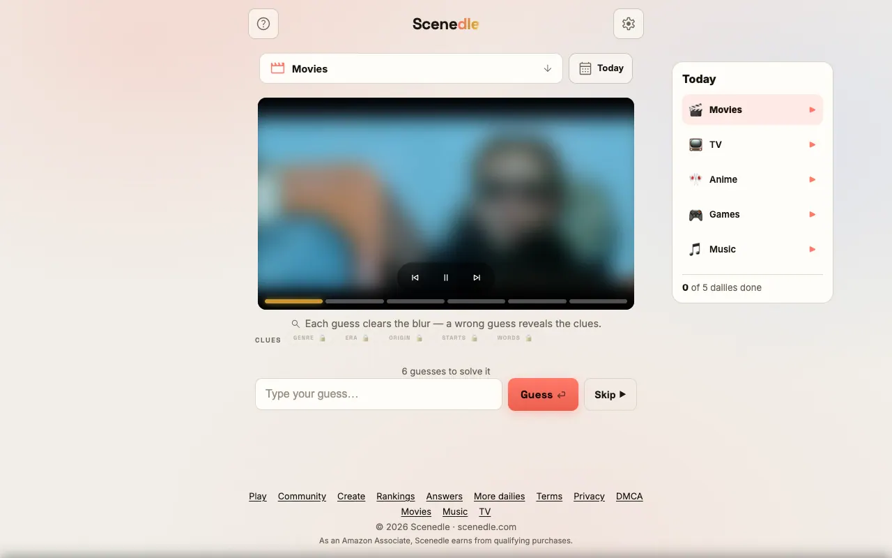 Screenshot of Scenedle — a game like Wordle