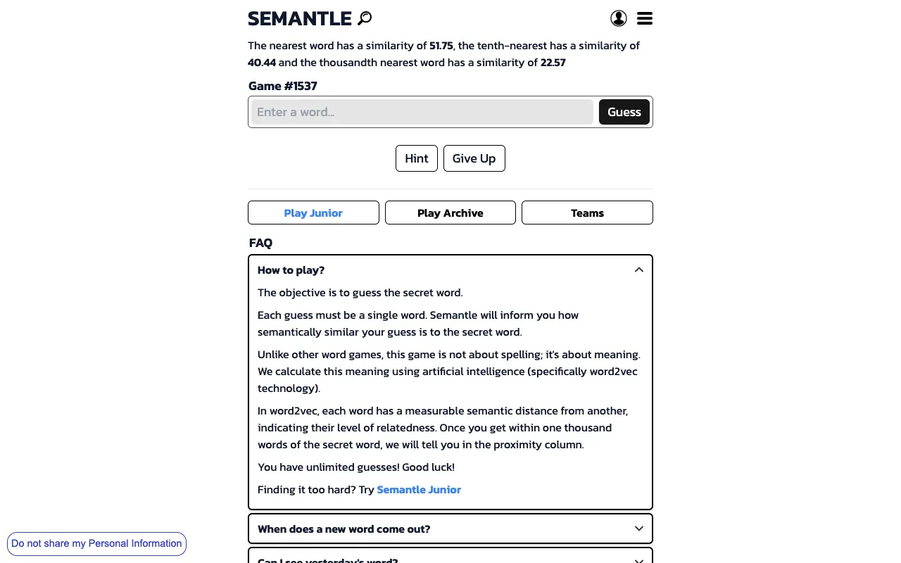 Screenshot of Semantle — a game like Wordle