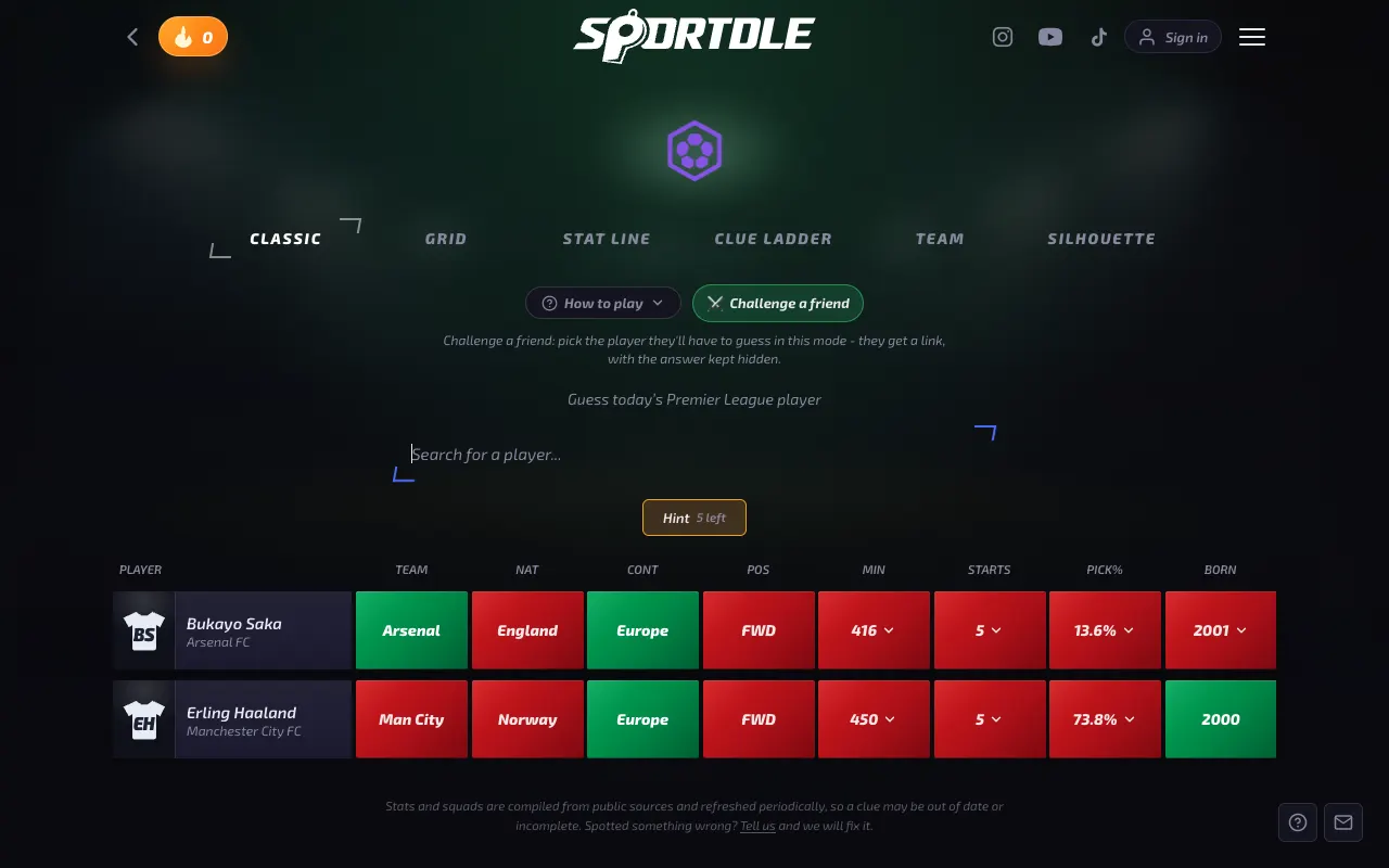 Screenshot of Sportdle — a game like Wordle