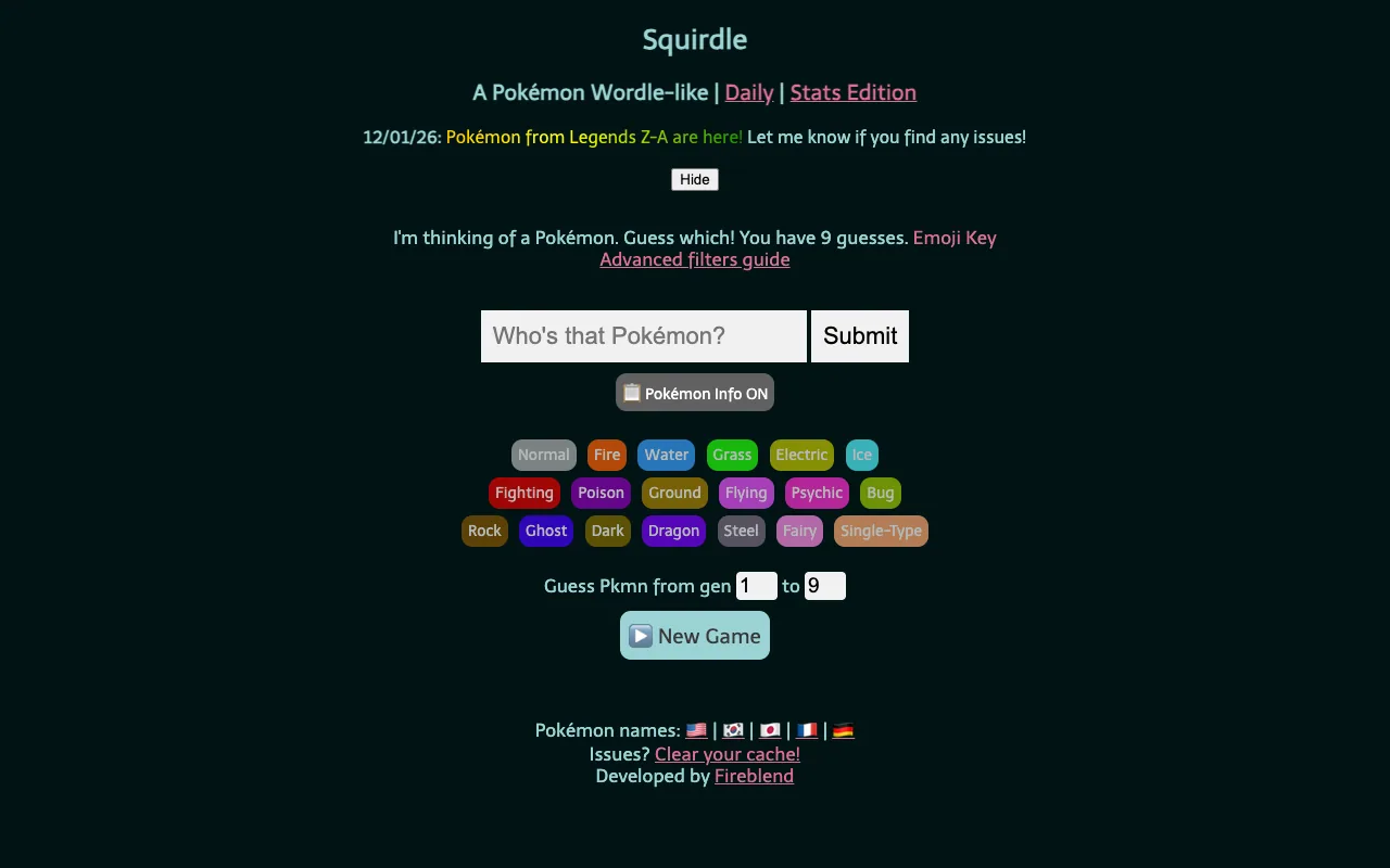 Screenshot of Squirdle — a game like Wordle
