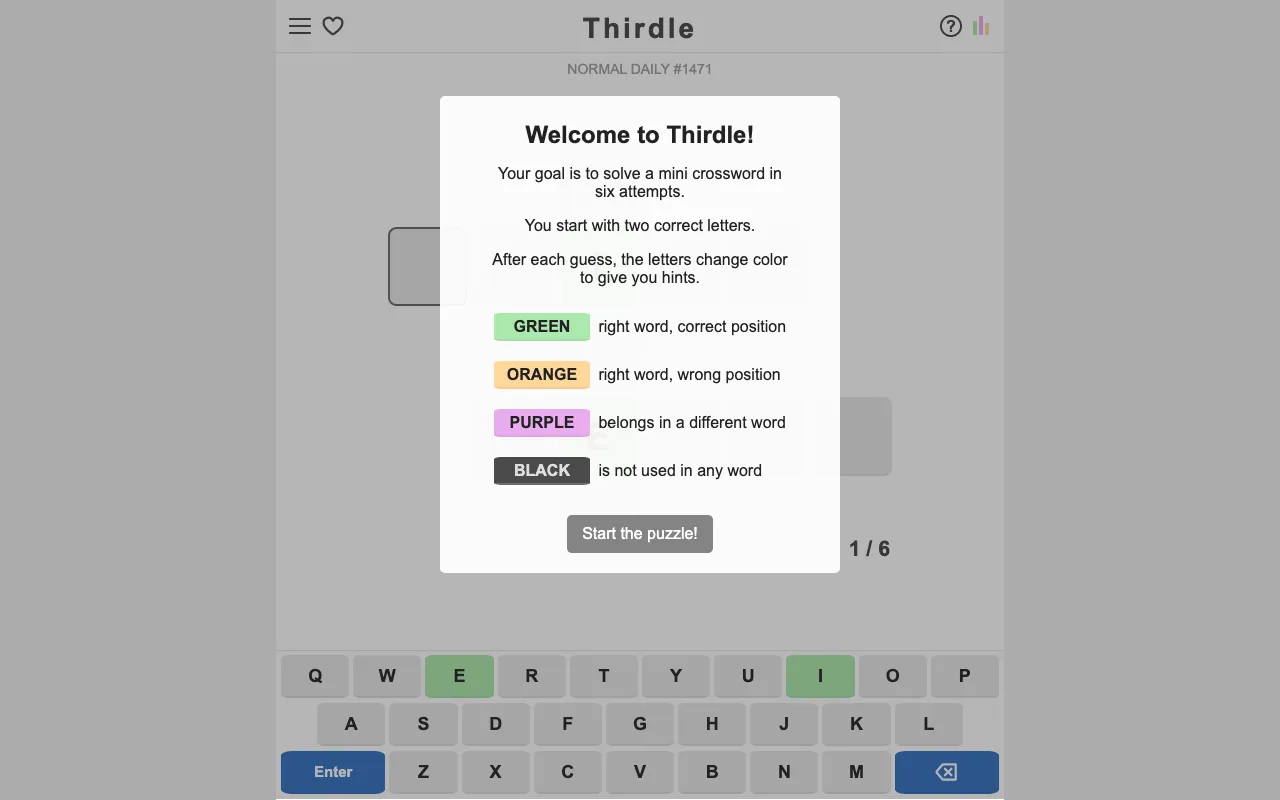 Screenshot of Thirdle — a game like Wordle