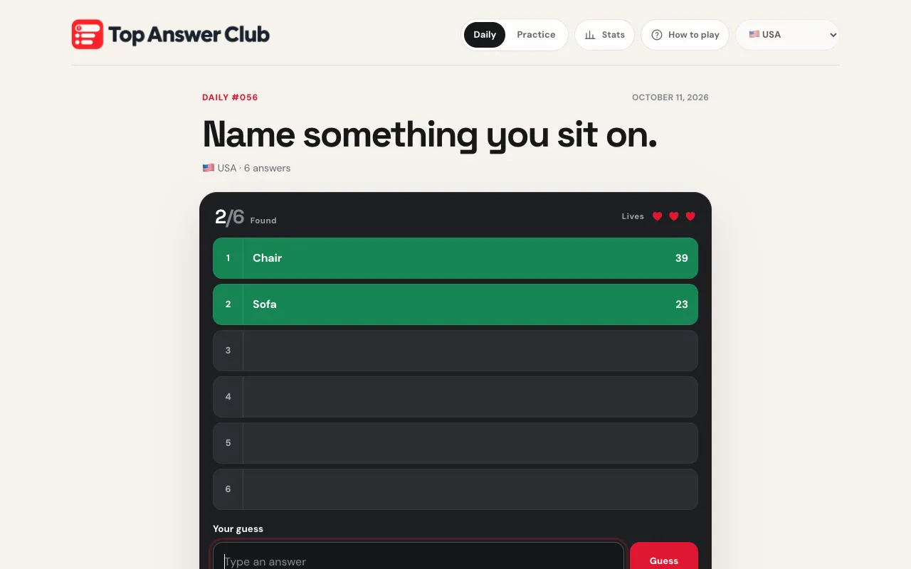 Screenshot of Top Answer Club — a game like Wordle