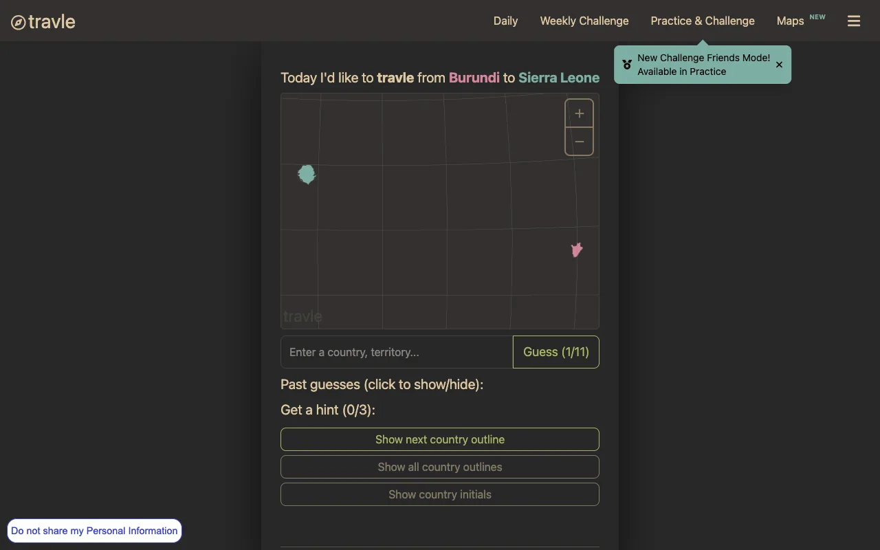 Screenshot of Travle — a game like Wordle