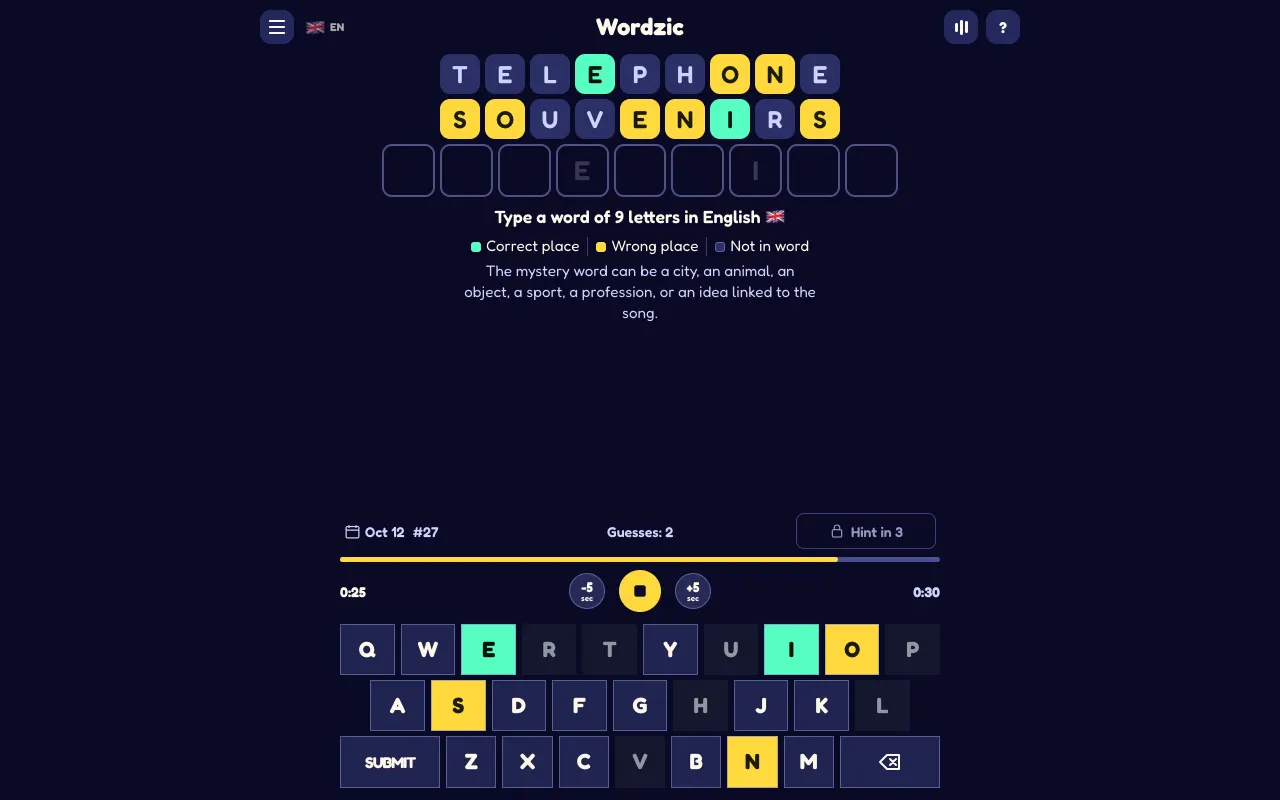 Screenshot of Wordzic — a game like Wordle