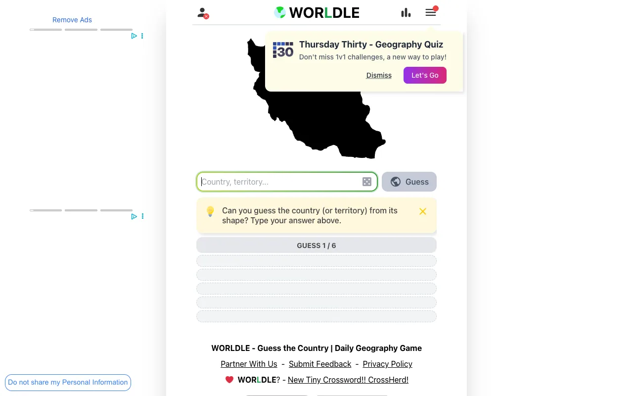 Screenshot of Worldle — a game like Wordle