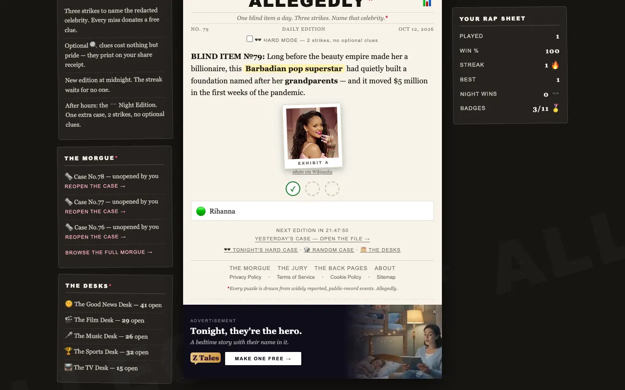Screenshot of Allegedly — a game like Wordle
