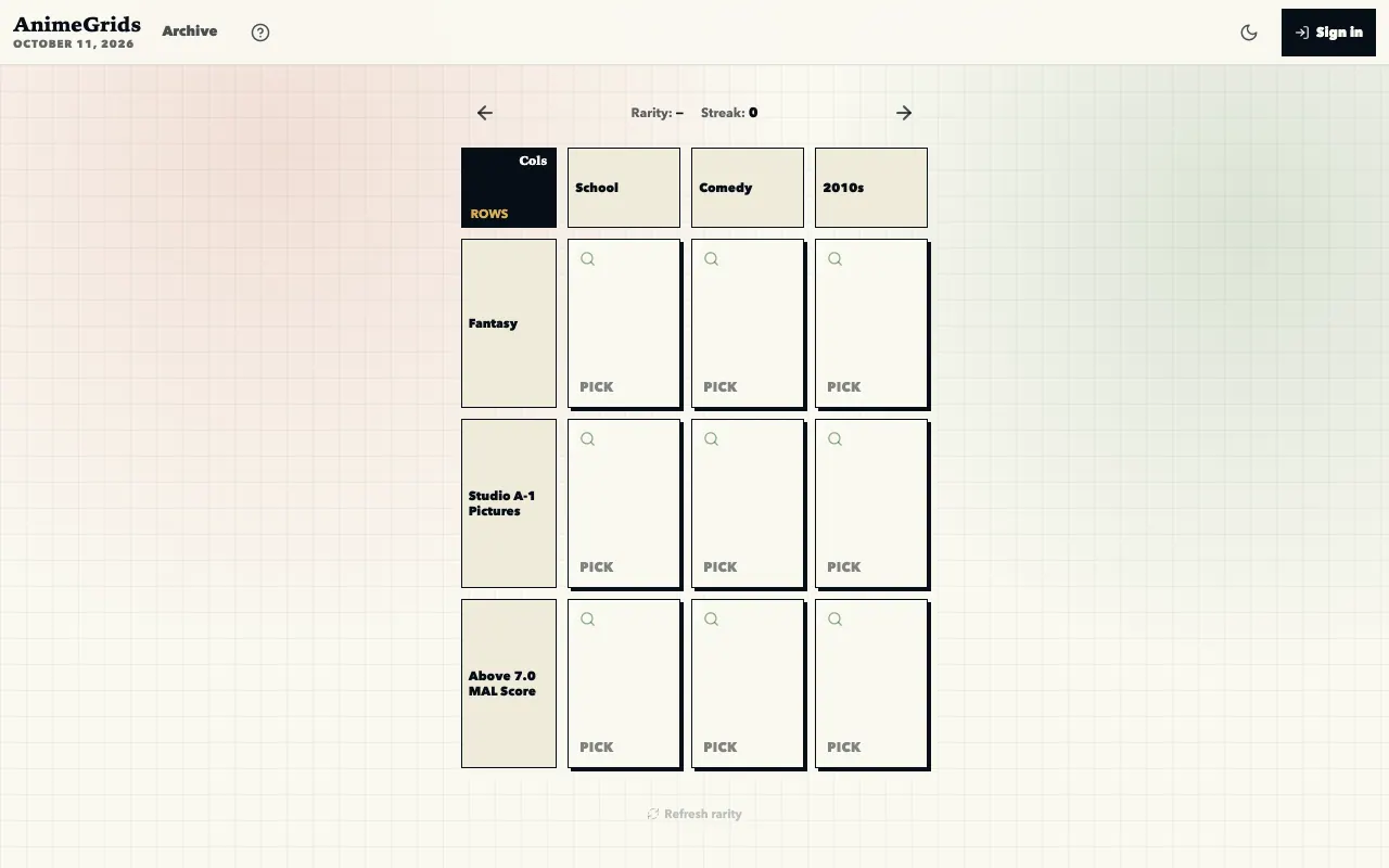 Screenshot of AnimeGrids — a game like Wordle