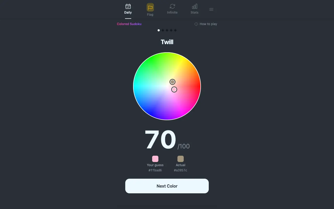 Screenshot of ColorGuessr — a game like Wordle