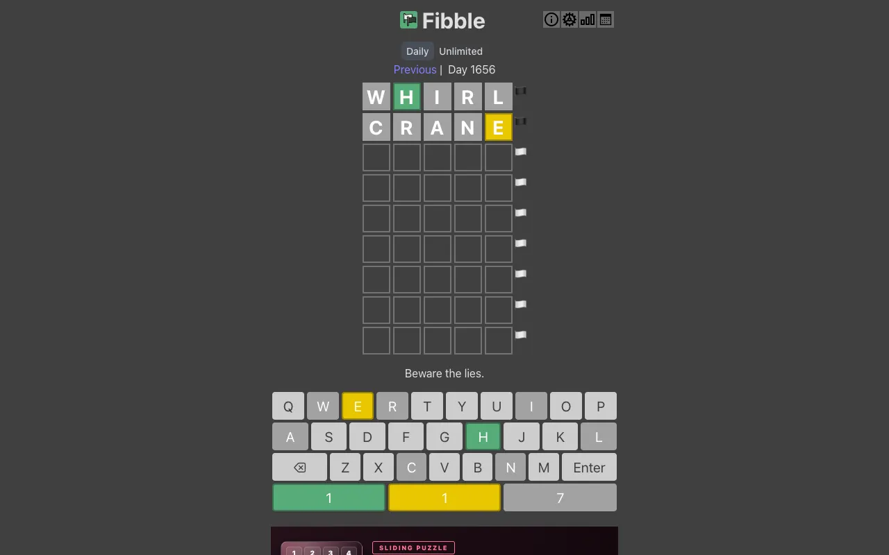 Screenshot of Fibble — a game like Wordle
