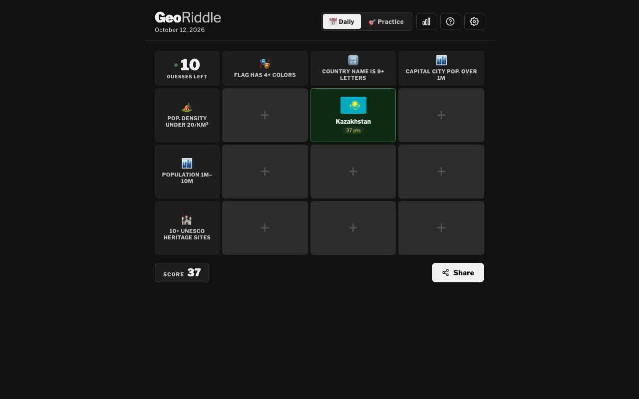 Screenshot of GeoRiddle — a game like Wordle