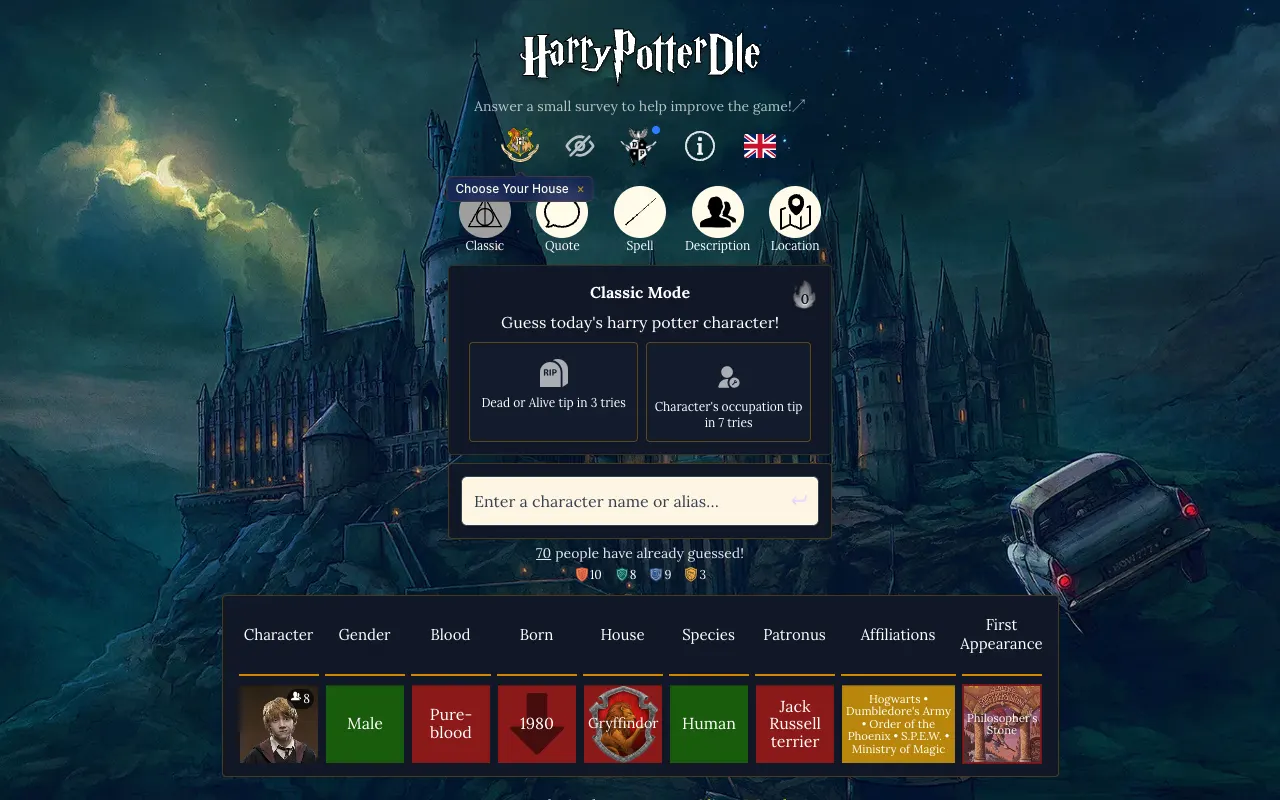 Screenshot of HarryPotterDle — a game like Wordle
