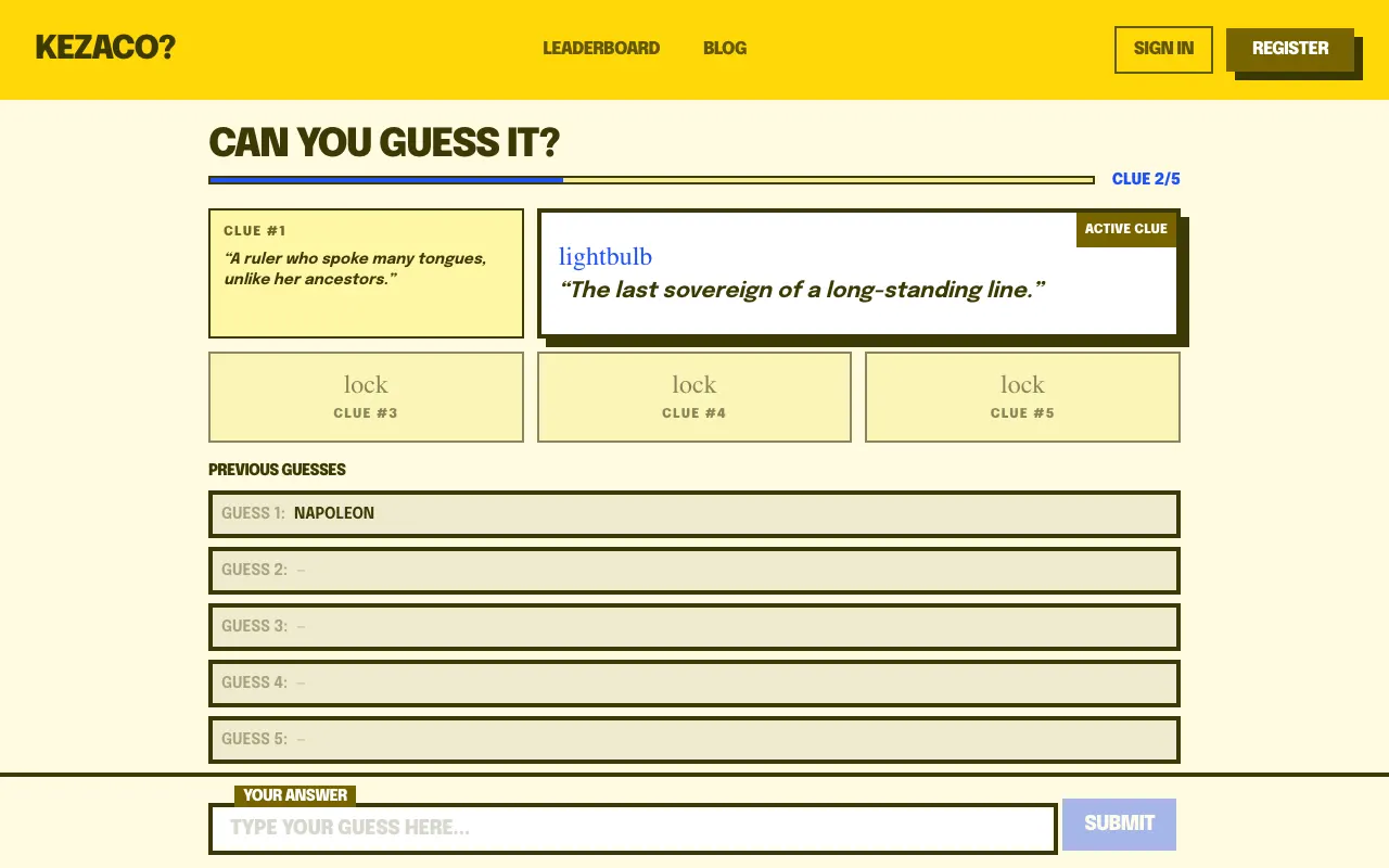 Screenshot of Kezaco? — a game like Wordle
