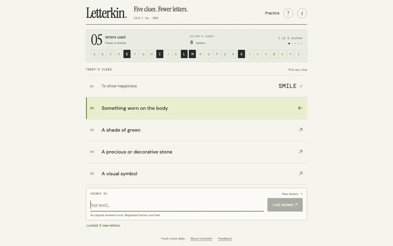 Screenshot of Letterkin — a game like Wordle