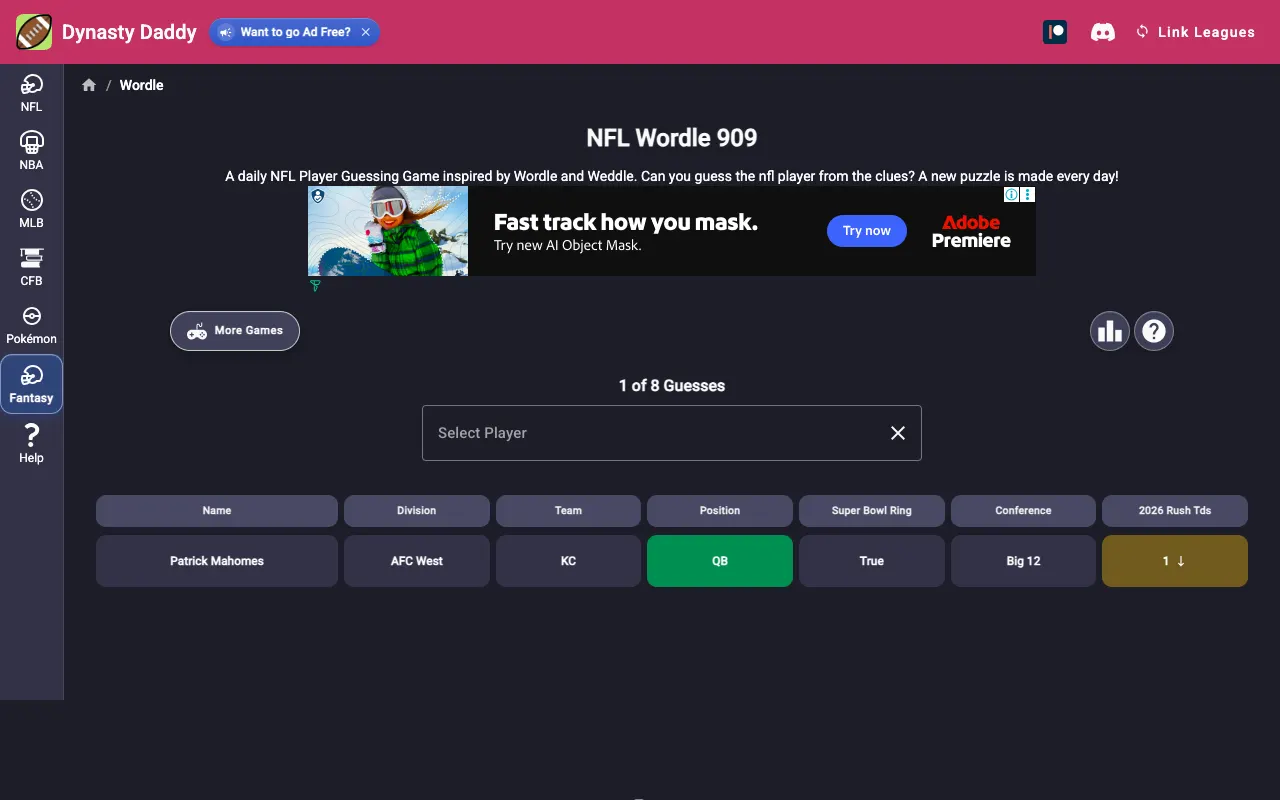 Screenshot of NFL Wordle — a game like Wordle