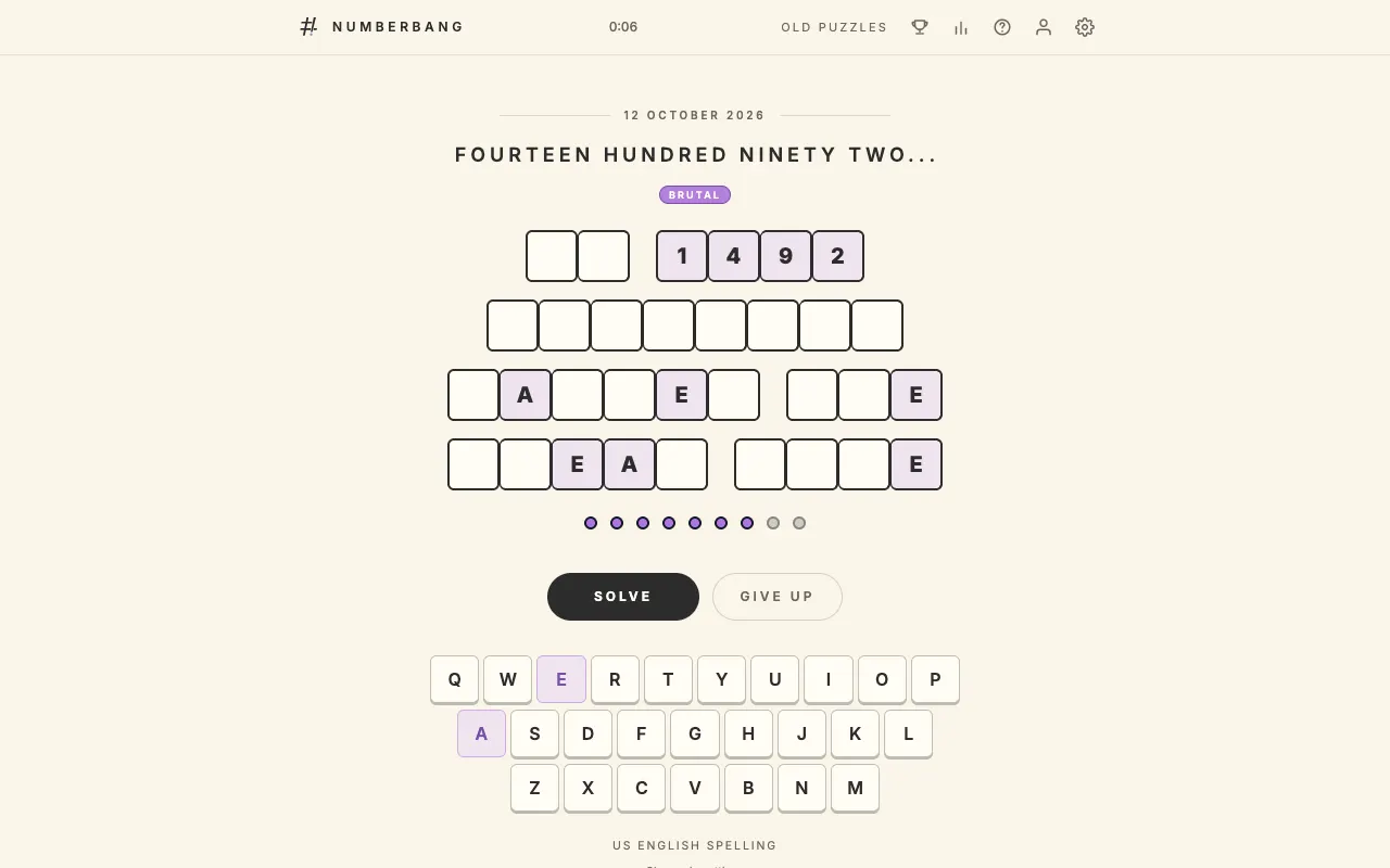 Screenshot of NumberBang — a game like Wordle