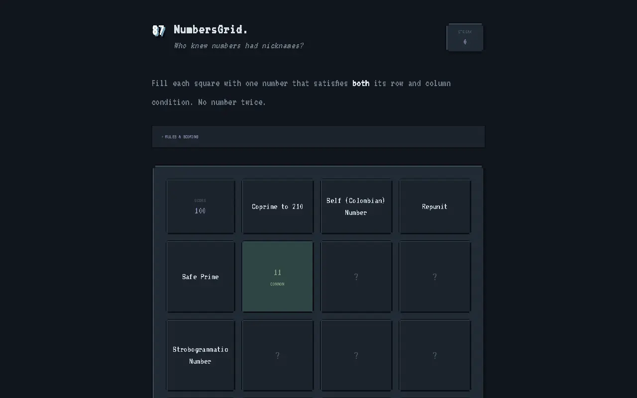 Screenshot of NumbersGrid — a game like Wordle