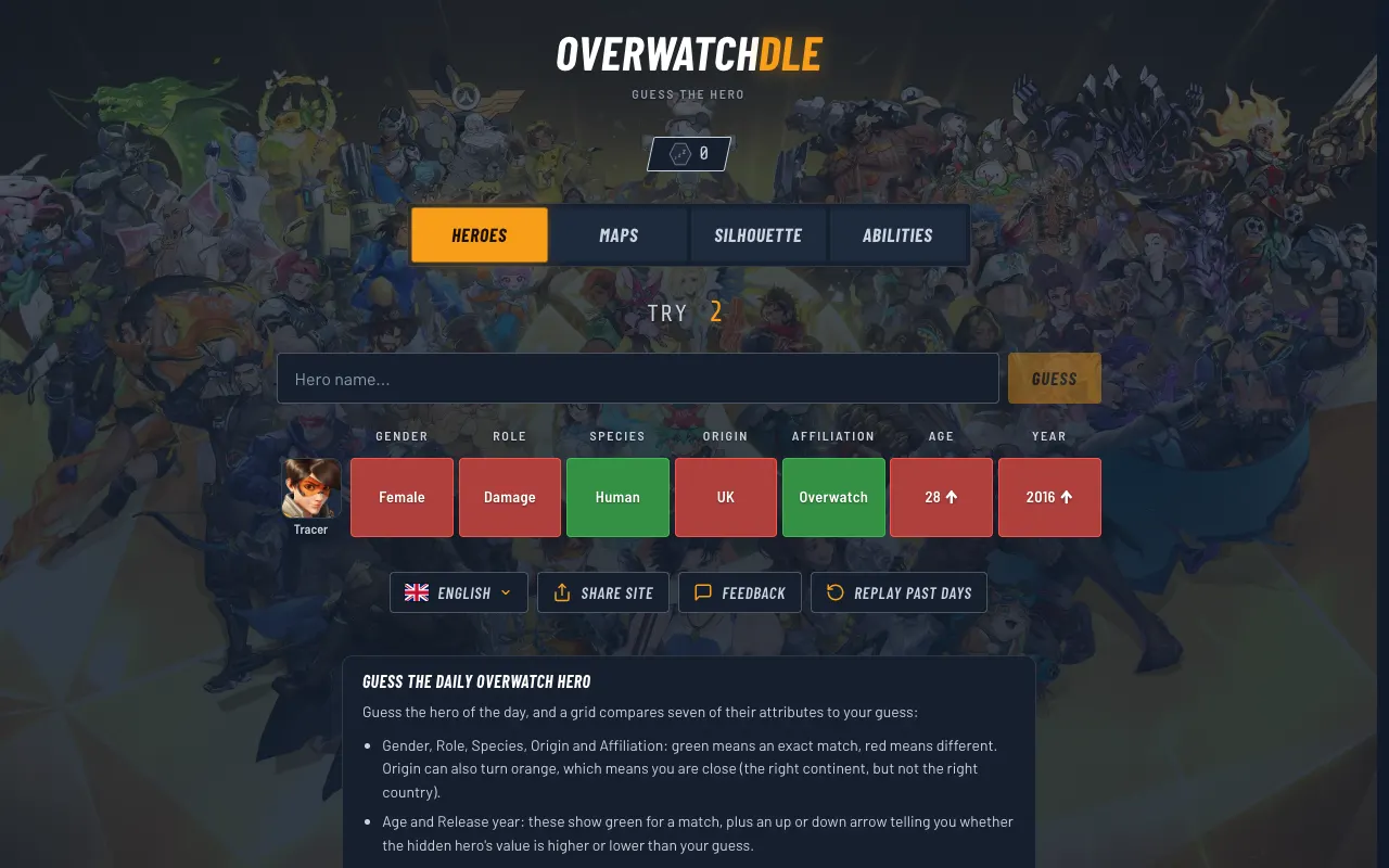 Screenshot of OverwatchDLE — a game like Wordle