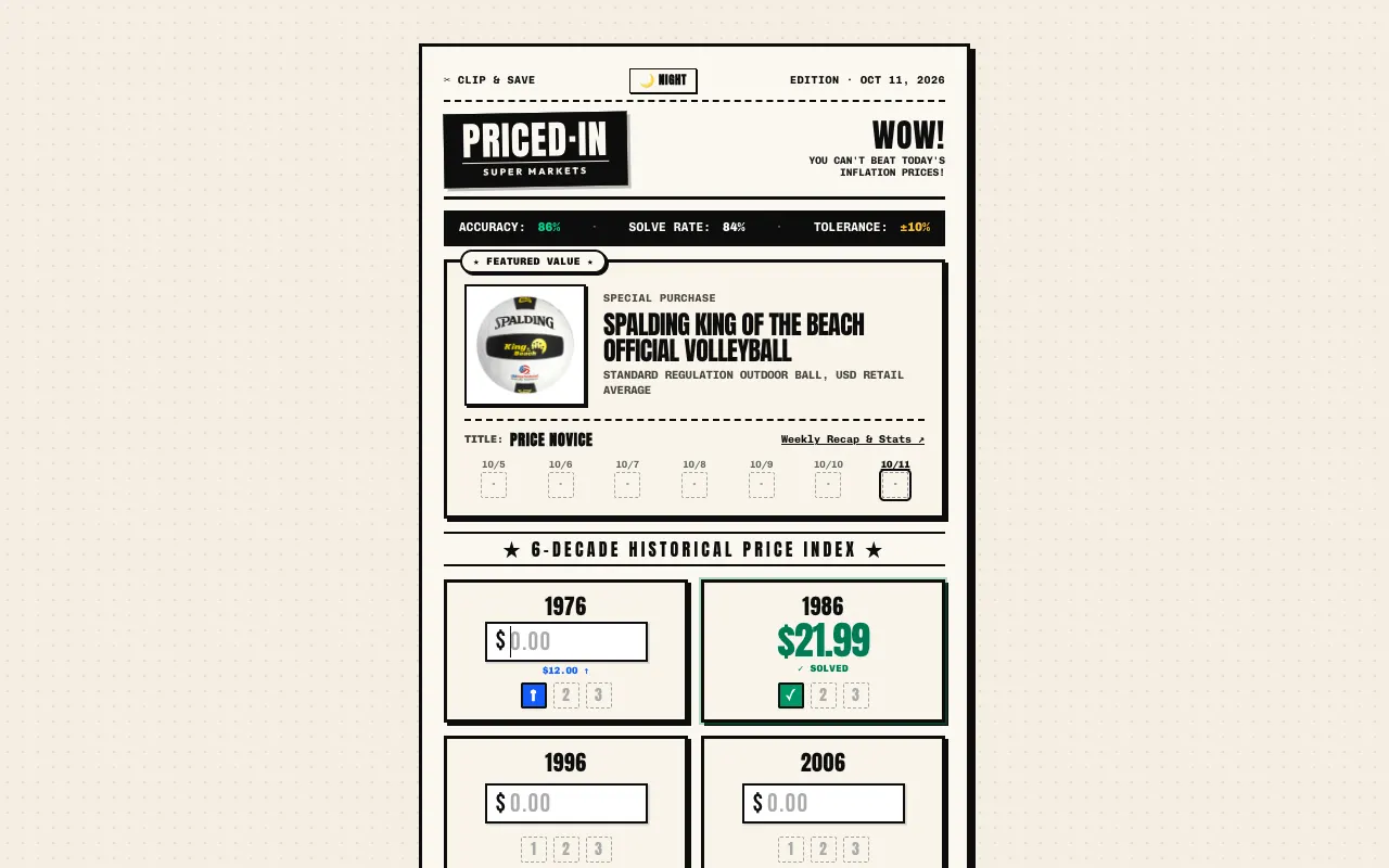 Screenshot of PricedIn — a game like Wordle