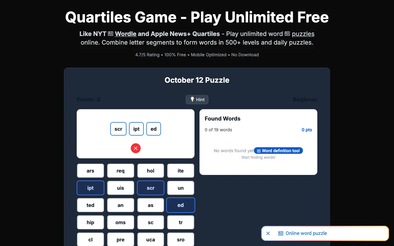 Screenshot of Quartiles Word — a game like Wordle