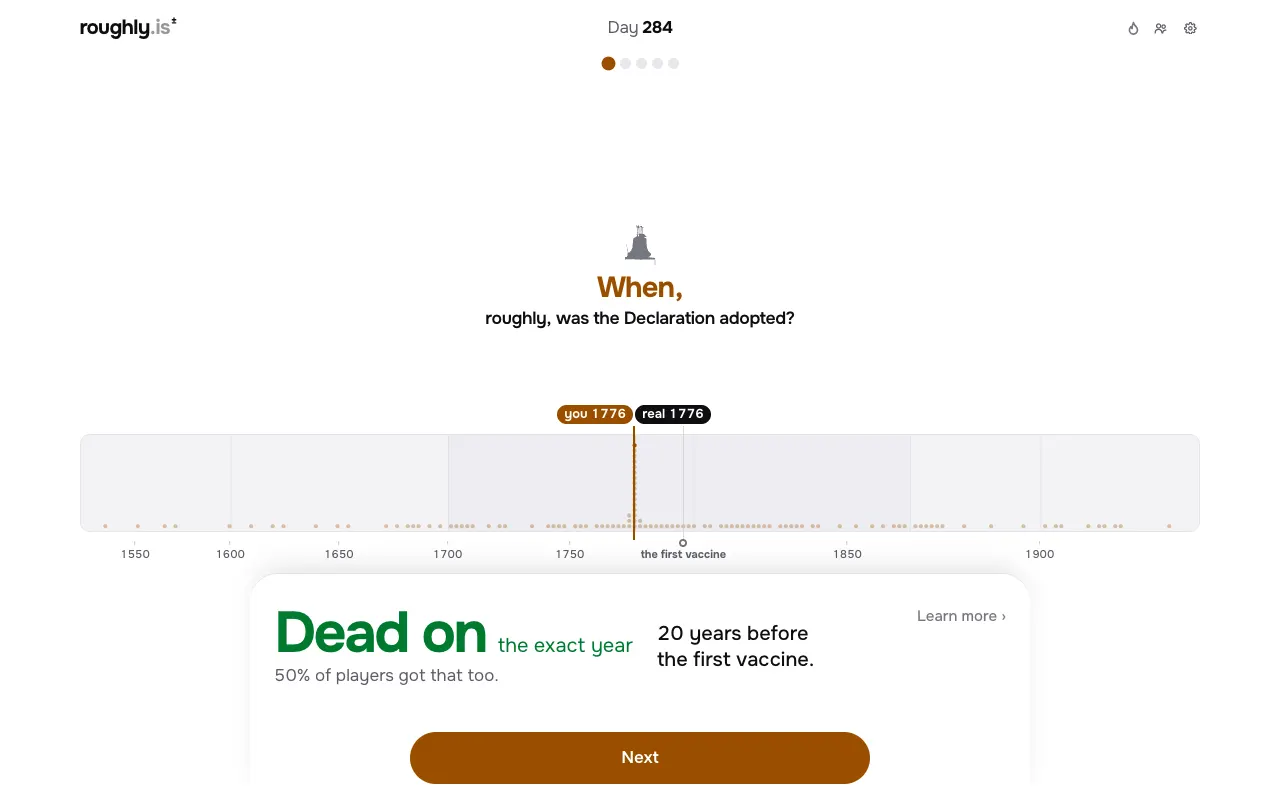 Screenshot of Roughly: When? — a game like Wordle