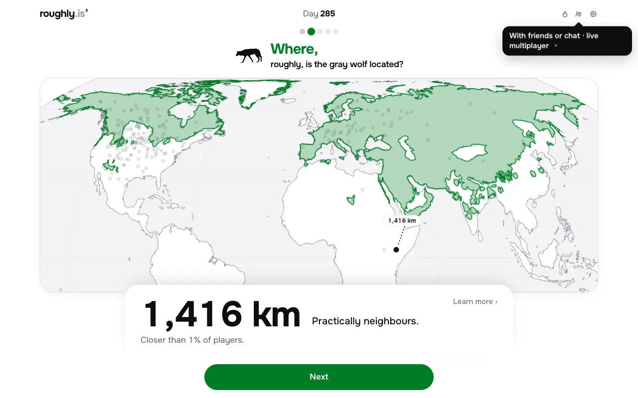Screenshot of Roughly: Where? — a game like Wordle