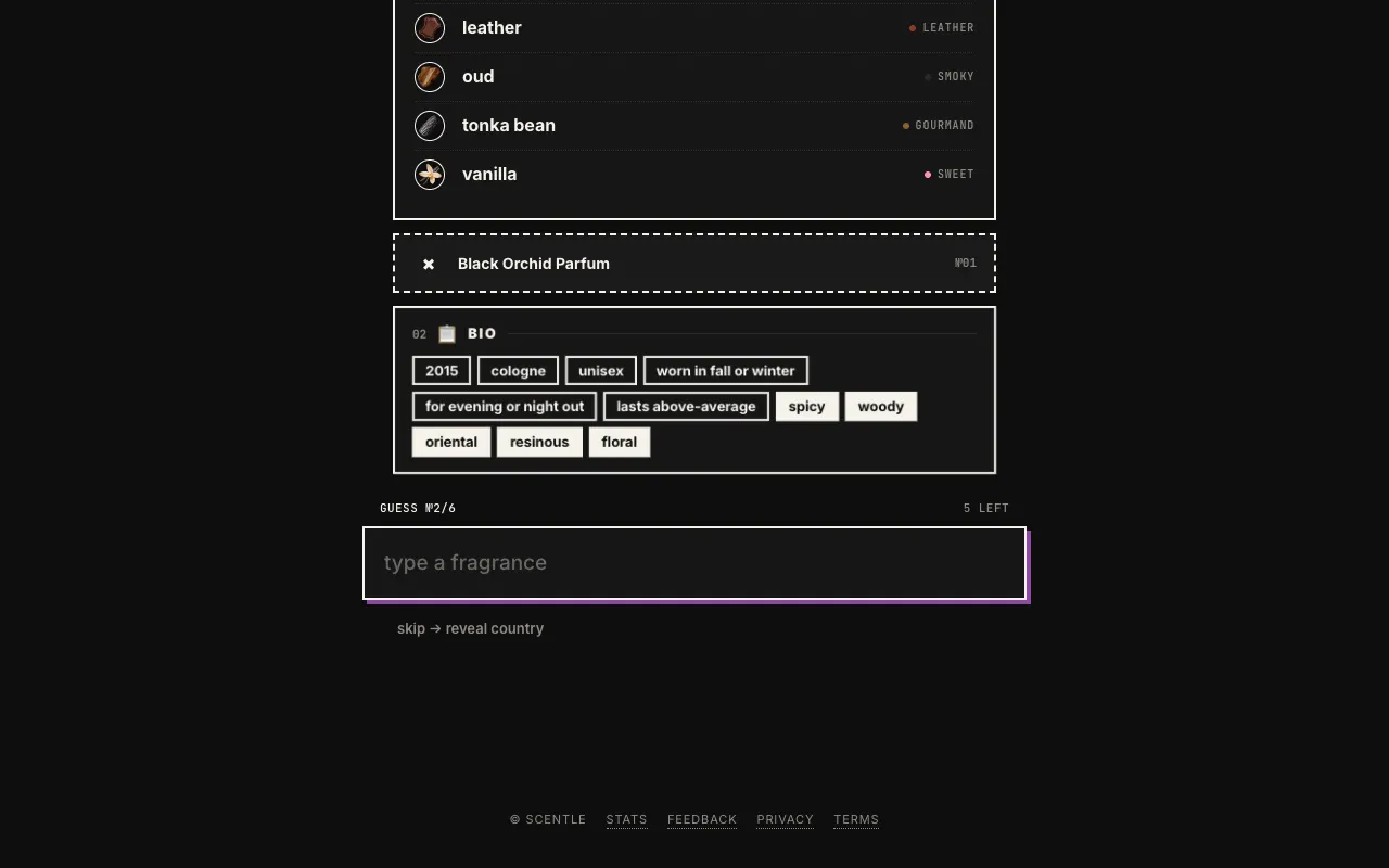 Screenshot of Scentle — a game like Wordle