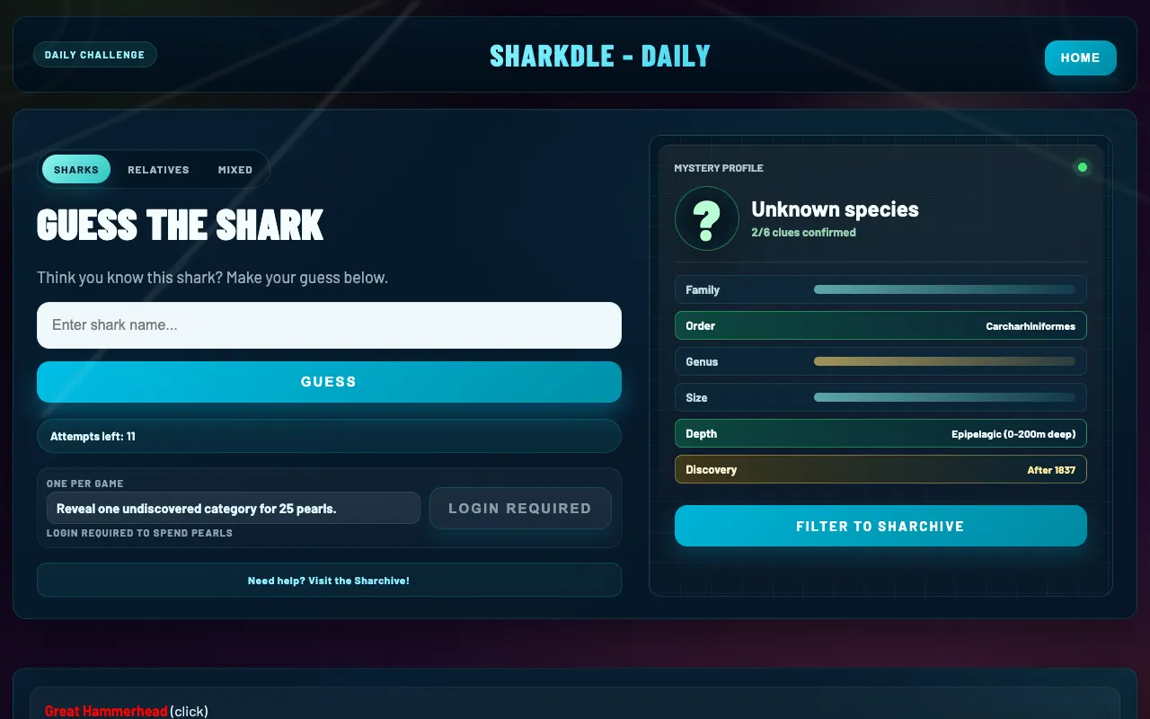 Screenshot of Sharkdle — a game like Wordle