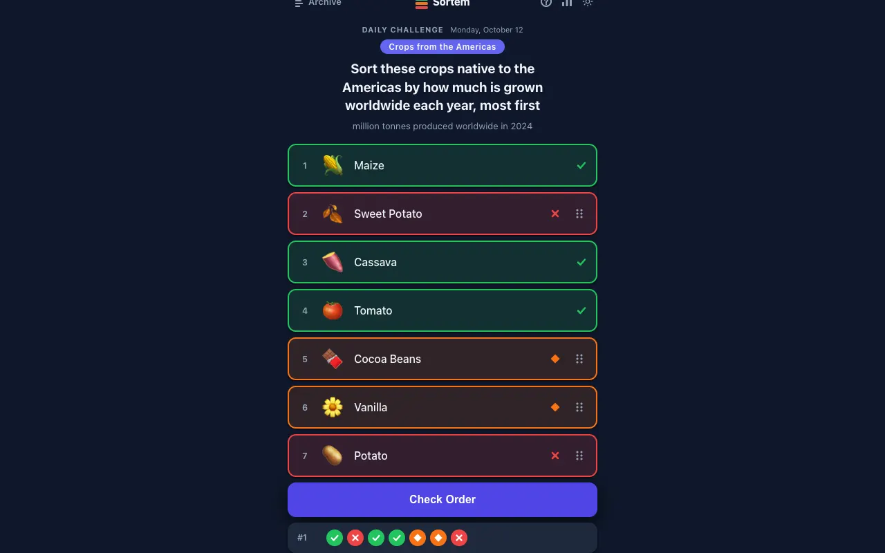 Screenshot of Sortem — a game like Wordle