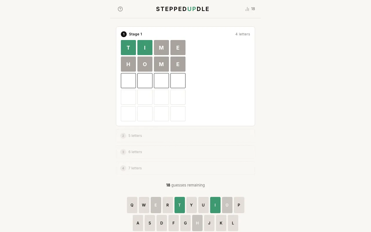 Screenshot of SteppedUpDle — a game like Wordle