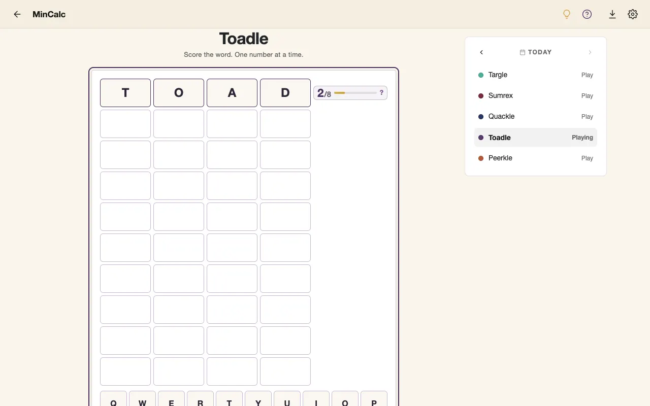 Screenshot of Toadle — a game like Wordle