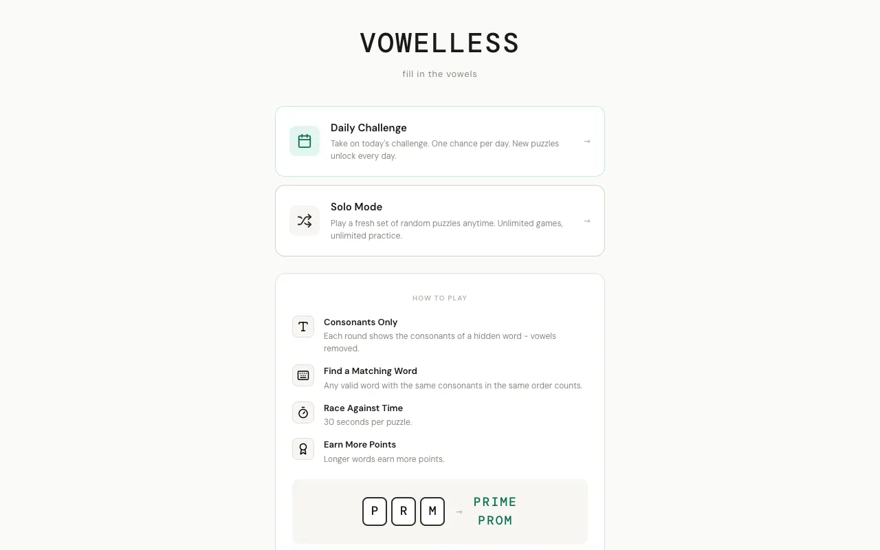 Screenshot of Vowelless — a game like Wordle