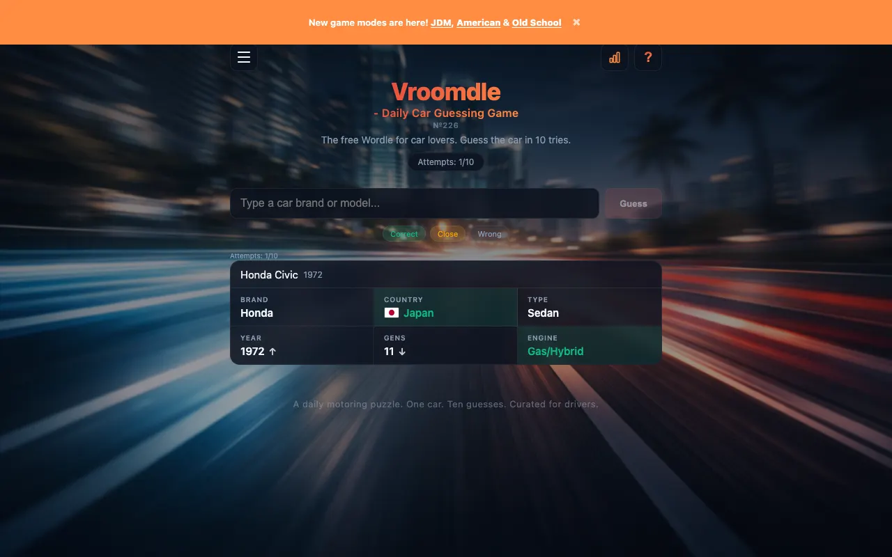 Screenshot of Vroomdle — a game like Wordle