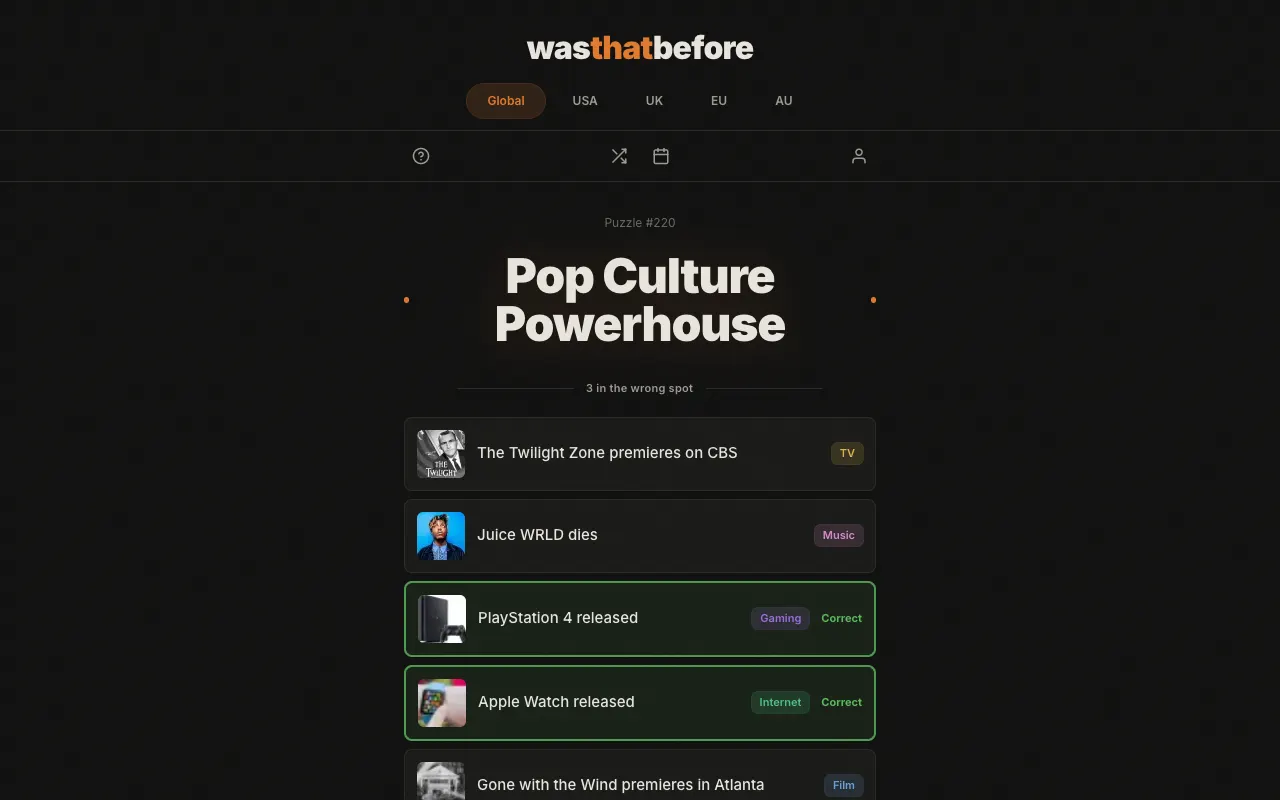 Screenshot of WasThatBefore — a game like Wordle