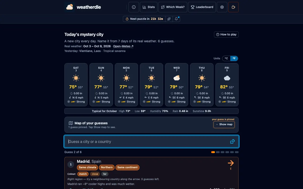 Screenshot of Weatherdle — a game like Wordle